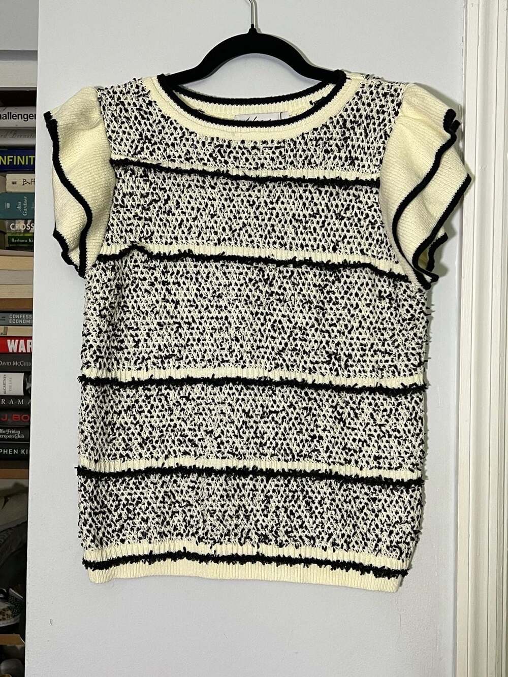 Petal + Pup Lydia Knit Top Ivory Black Ruffle Sleeve Sweater
